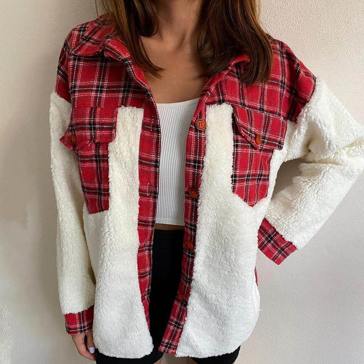 Women's checked jacket with contrasting textured panels and button front