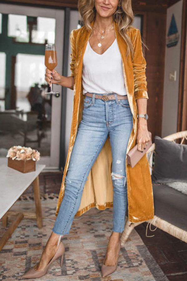 Women's longline velvet kimono coat with open front and long sleeves