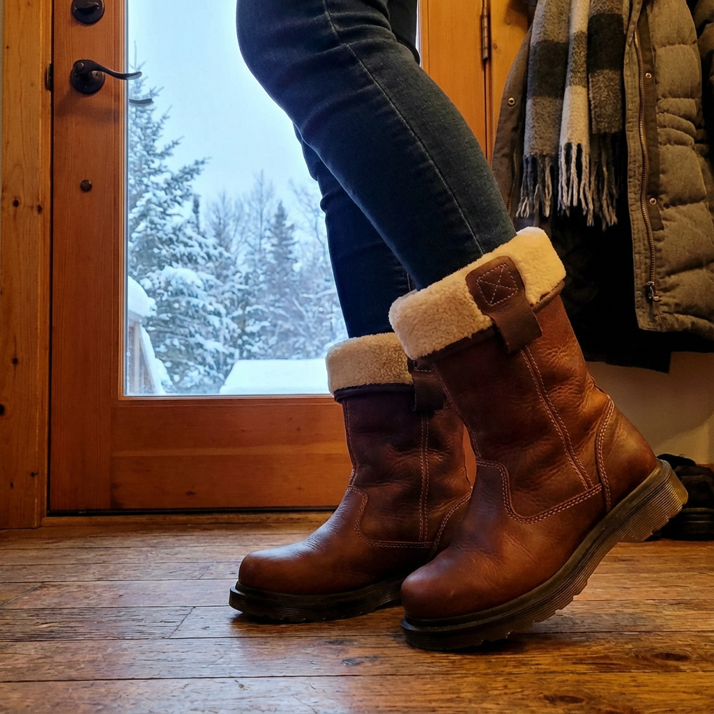 Brown ankle boots with cream fur-style cuffs, buckle trim and lugged soles
