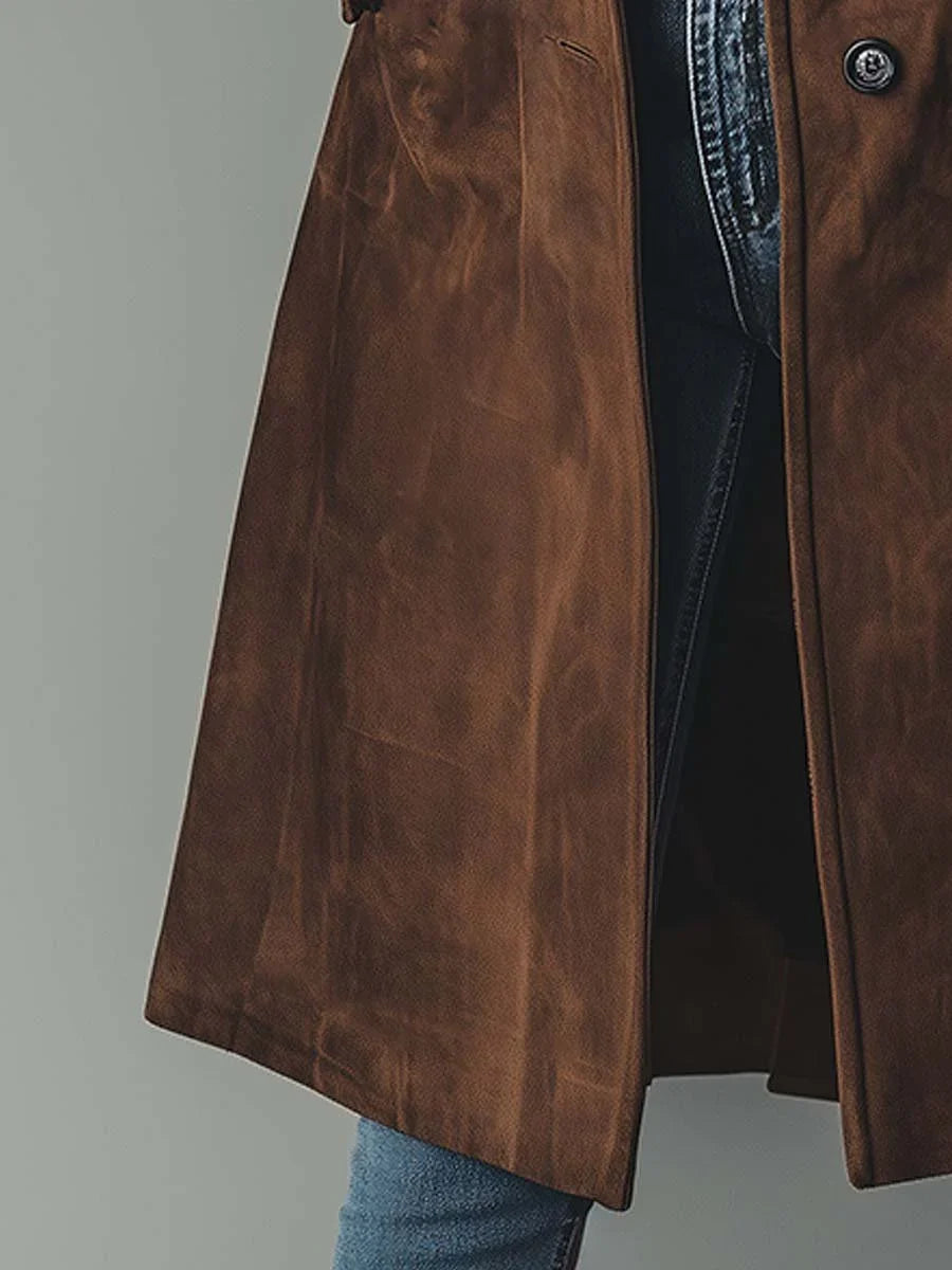 Women's long button-front coat with lapel collar and side pockets