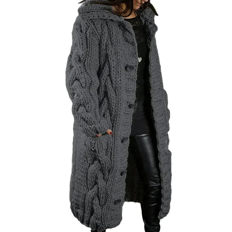 Women's longline cable knit hooded cardigan with button front