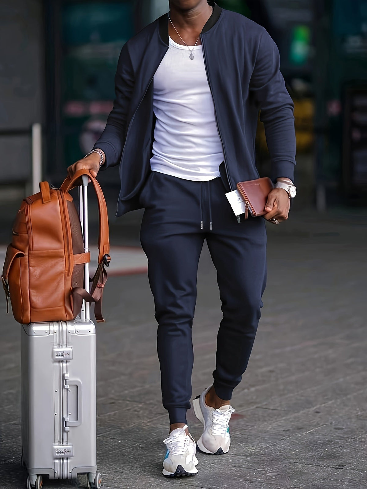 Men's solid tracksuit set with zip jacket and tapered jogger trousers