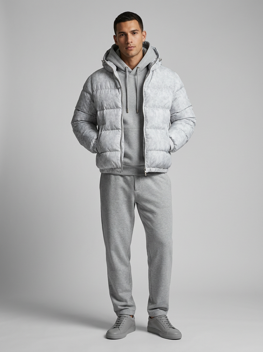 Men's hooded quilted puffer jacket shown in grey and black