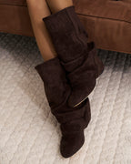 Women's brown slouch boots with gathered shaft, almond toe and low heel