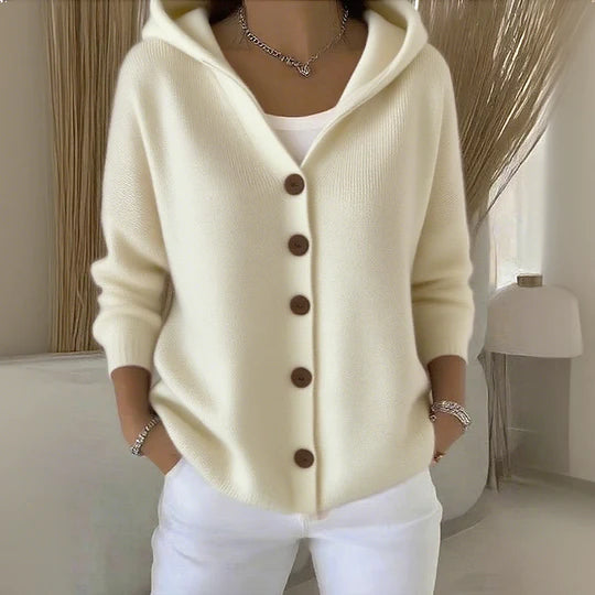 Women's hooded button-front cardigan with long sleeves