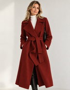 Women's long belted wrap coat with wide notched lapels