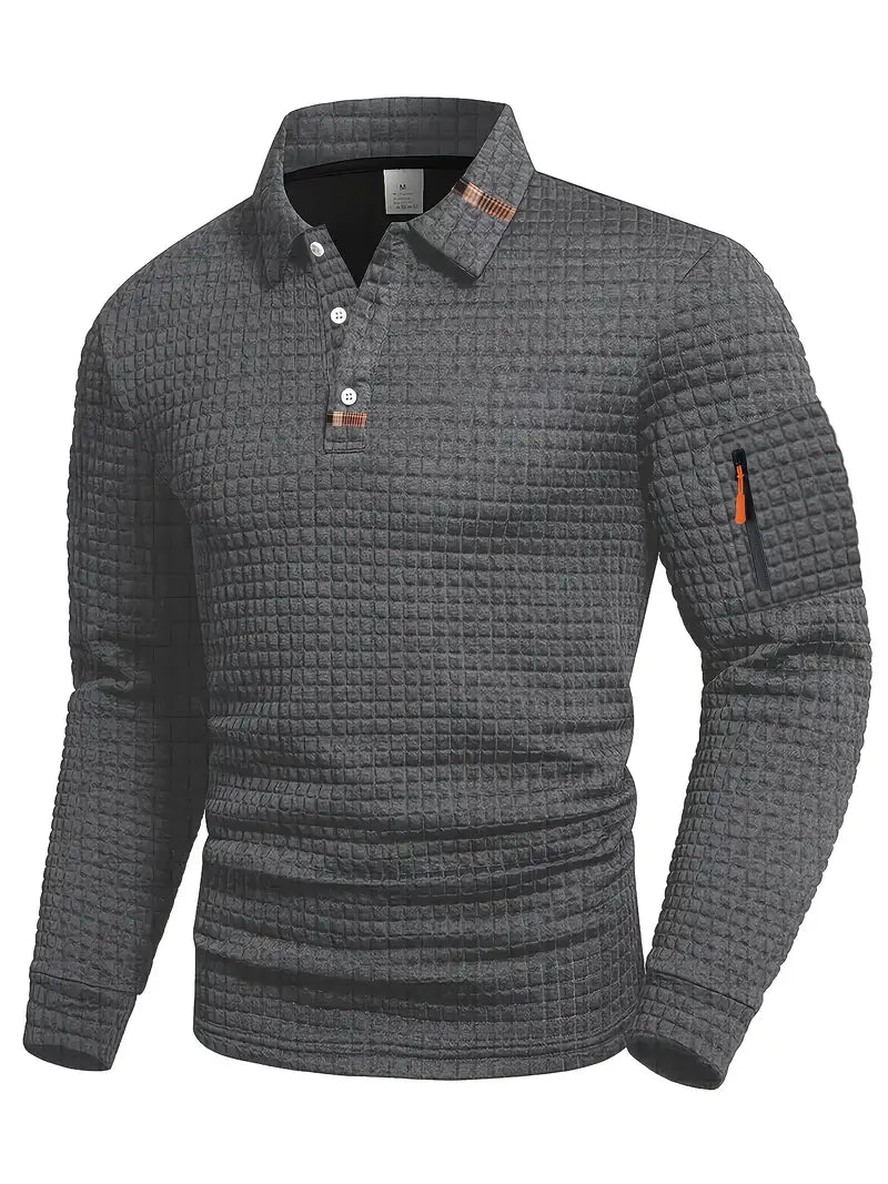 Men's textured long-sleeve polo sweater with button placket and sleeve zip pocket