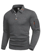 Men's textured long-sleeve polo sweater with button placket and sleeve zip pocket