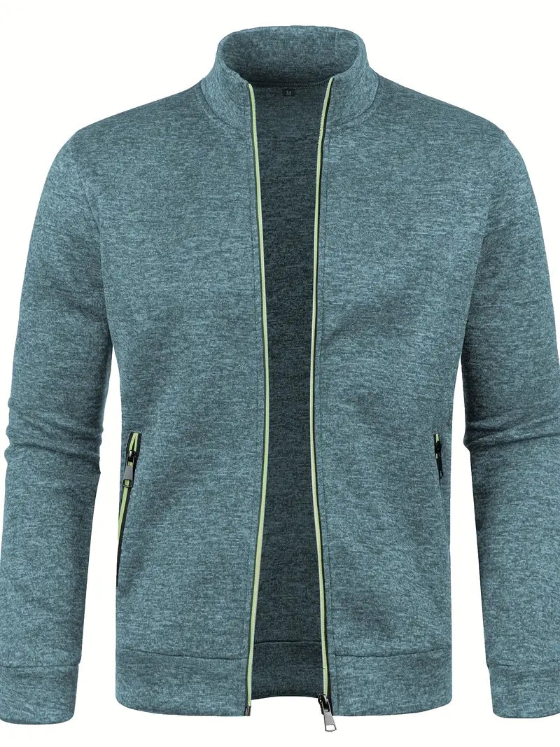 Men's full-zip cardigan with stand collar, long sleeves and zipped side pockets
