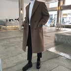 Men's long double-breasted overcoat with notched lapels and button fastening