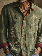 Men's long-sleeved shirt with bamboo and calligraphy print, contrast trim and button front