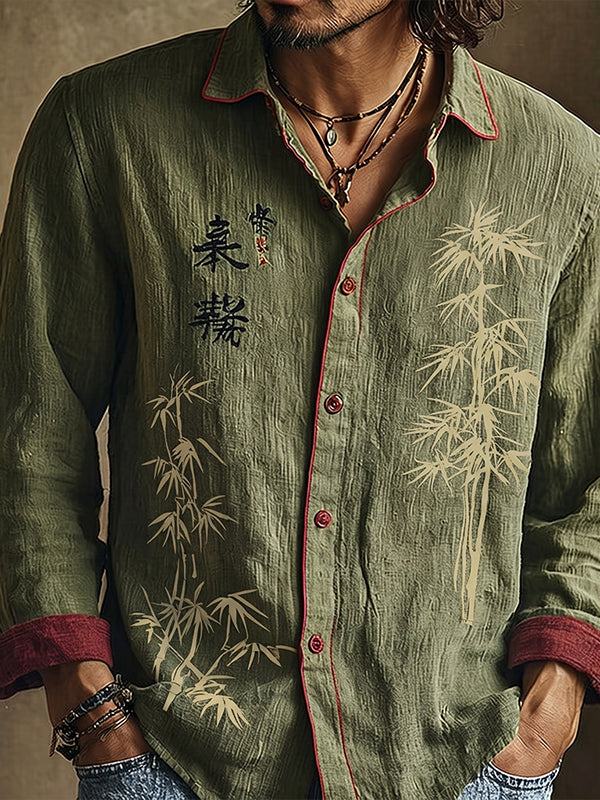 Men's long-sleeved shirt with bamboo and calligraphy print, contrast trim and button front