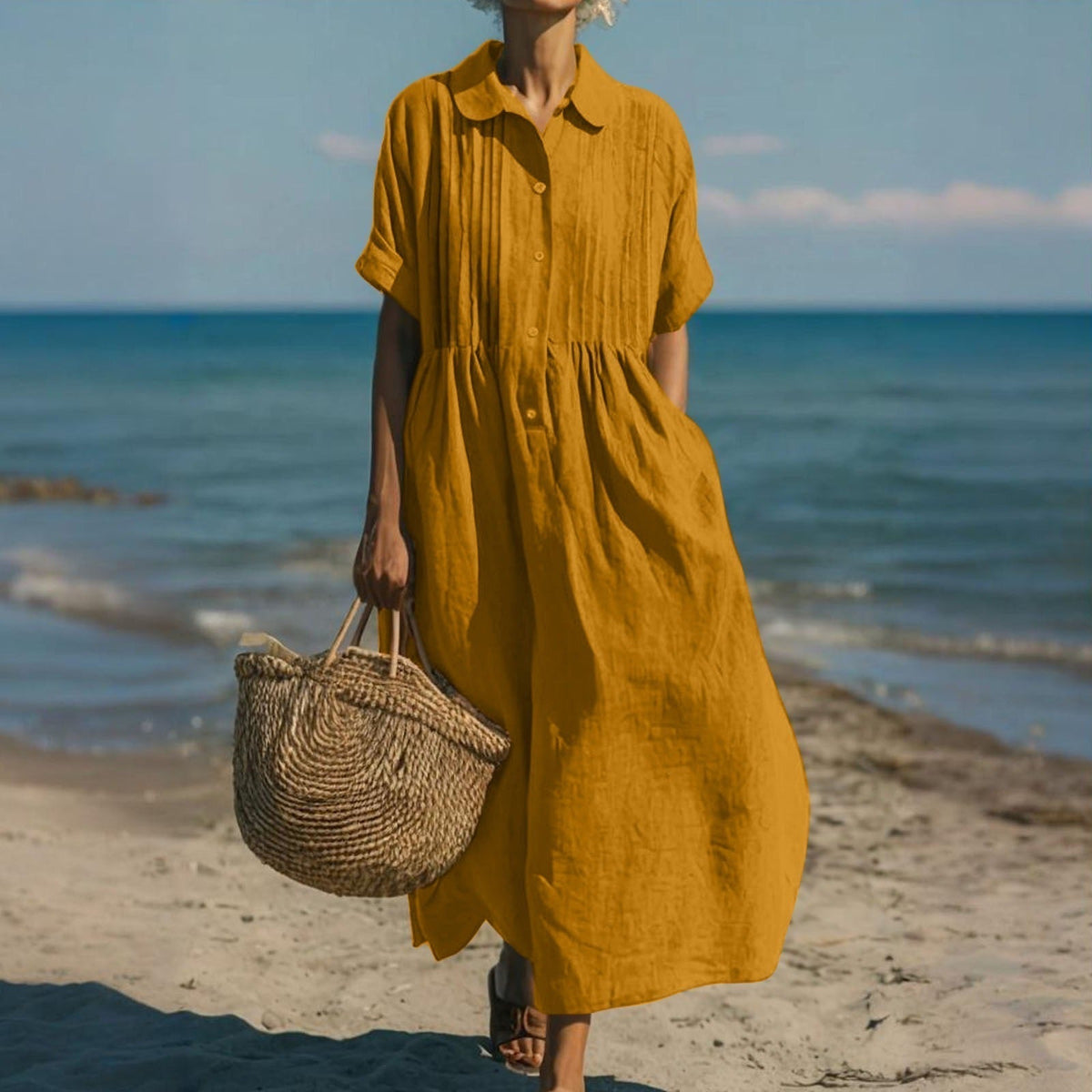 Women's collared button maxi dress with short sleeves and gathered waist
