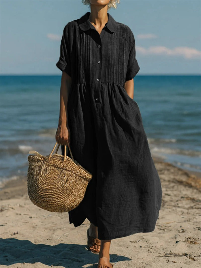 Women's collared button maxi dress with short sleeves and gathered waist