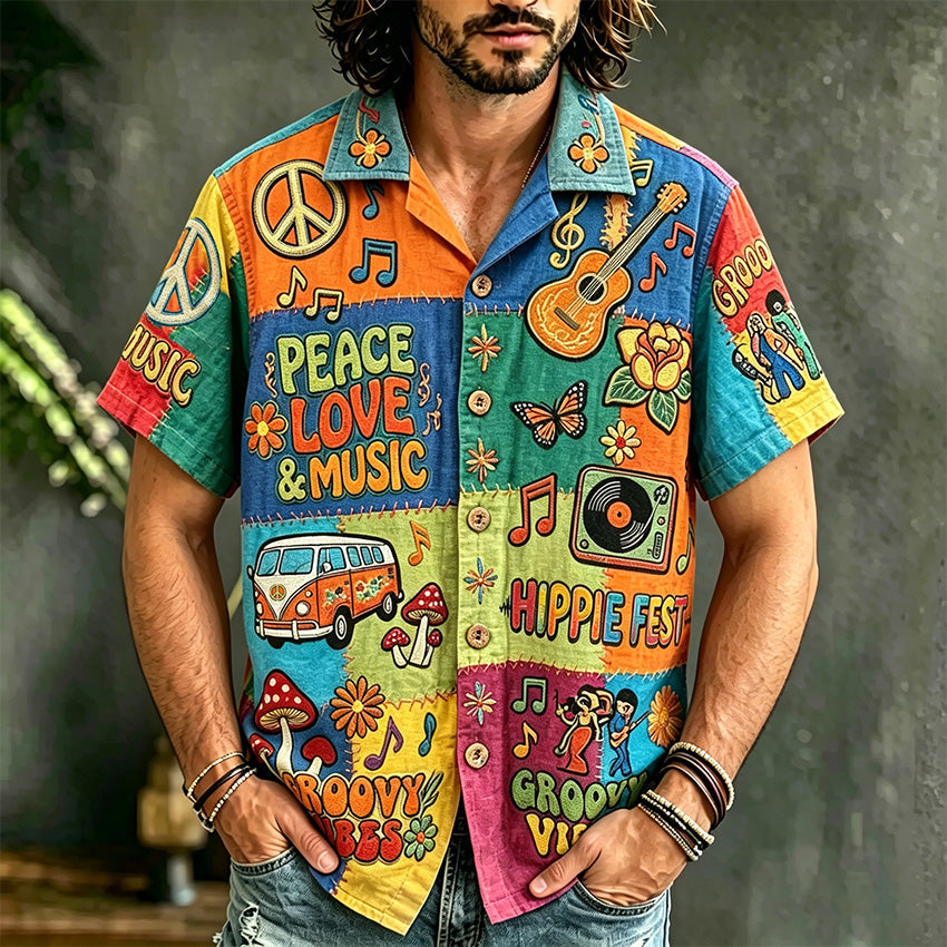 Men's short sleeve patchwork shirt with colourful music and peace artwork