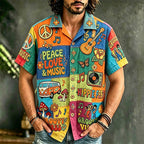 Men's short sleeve patchwork shirt with colourful music and peace artwork