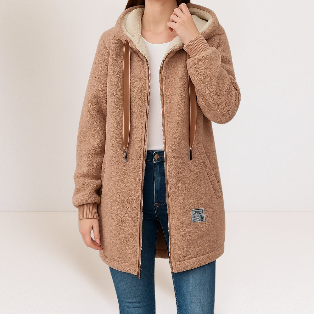 Women's longline hooded fleece jacket with full zip and front pockets
