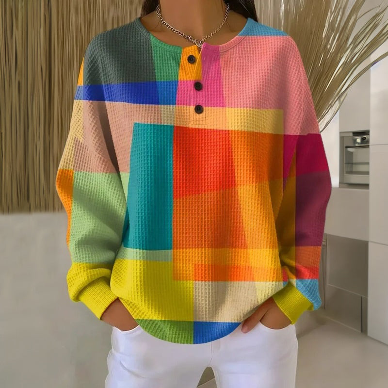 Women's multicoloured geometric colour-block sweatshirt with crew neck and long sleeves