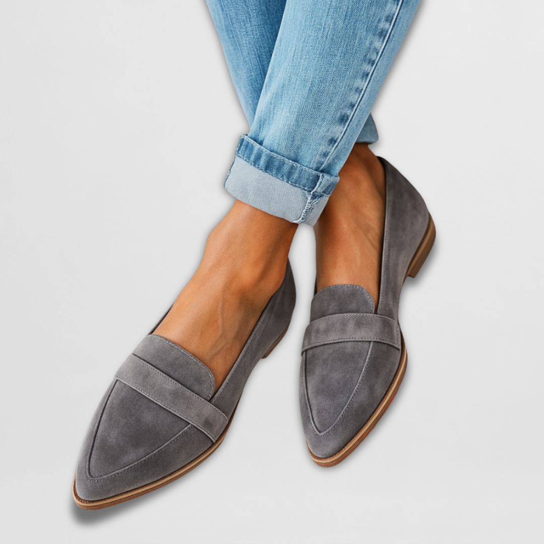 Women's pointed toe loafers with penny straps and flat soles