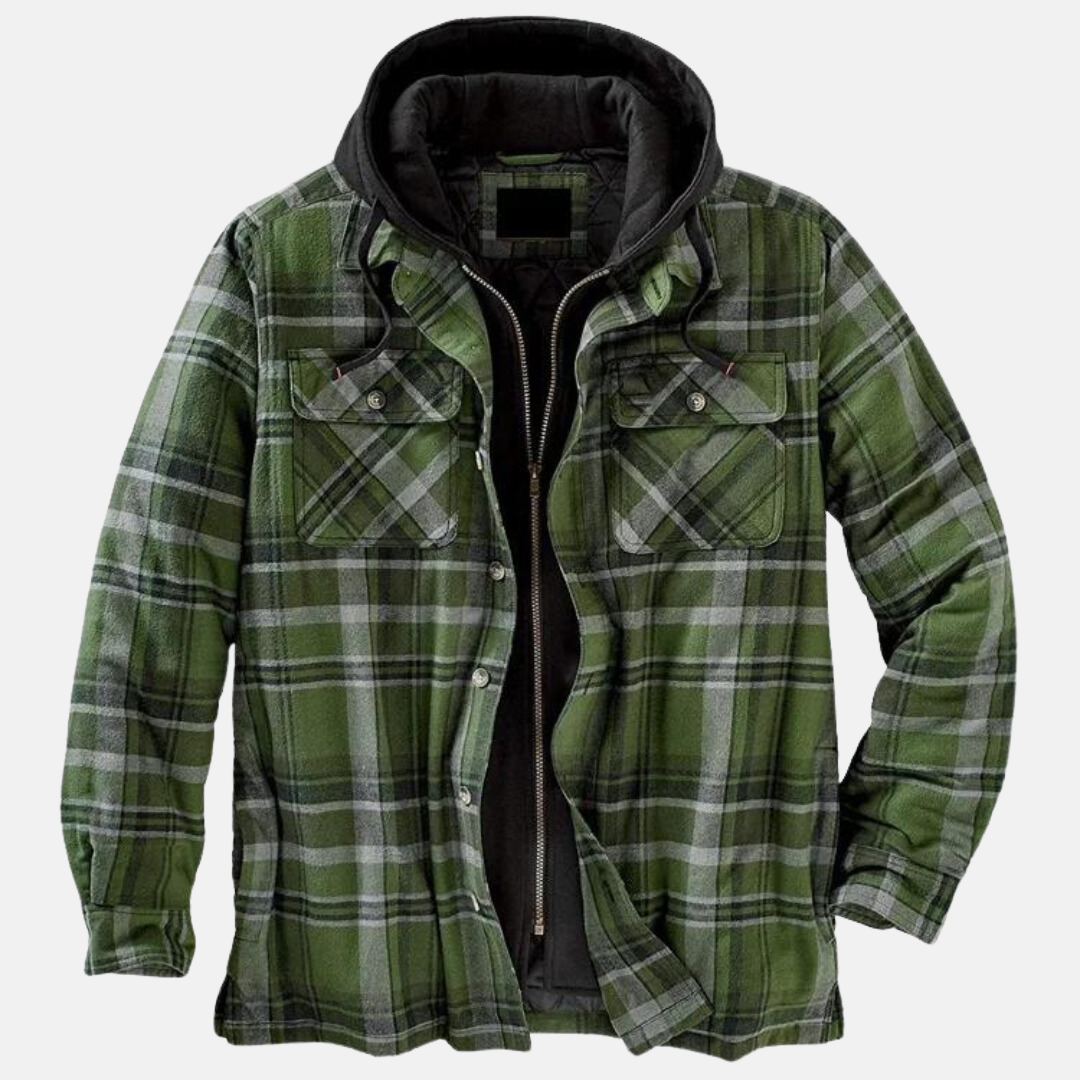 Men's checked hooded jacket with long sleeves, zip front and chest pockets
