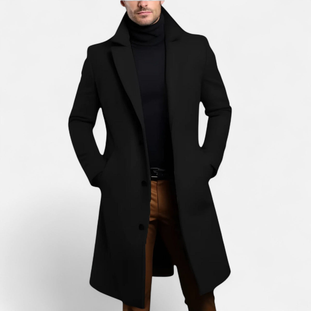 Men's long structured coat with notched lapels, button front and side pockets