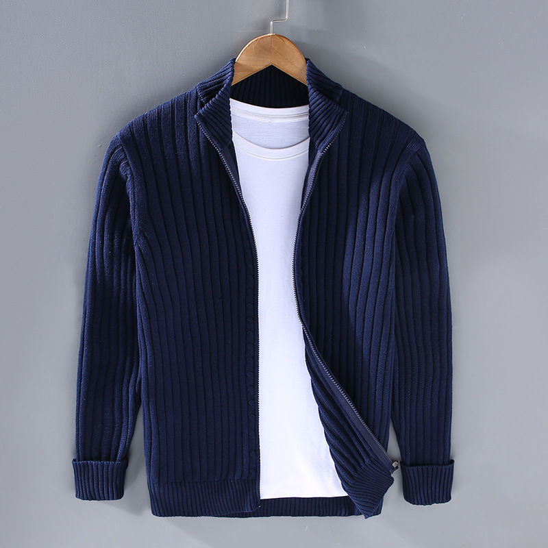 Men's ribbed zip cardigan with stand collar and long sleeves
