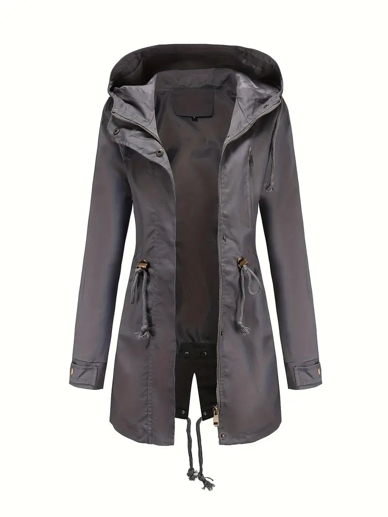 Women's hooded parka jacket with drawstring waist and long sleeves