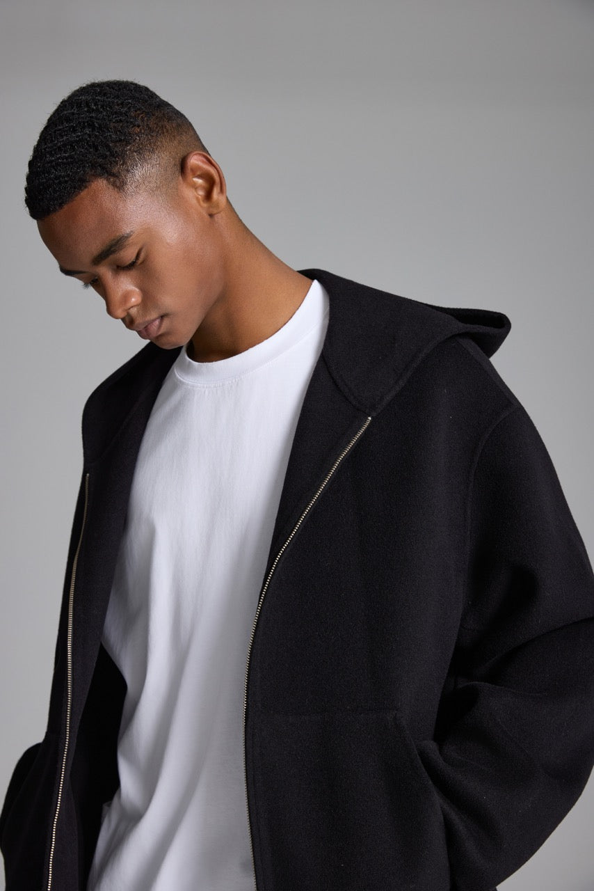 Men's black hooded jacket with full zip front and two patch pockets