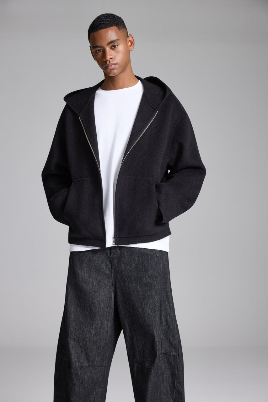 Men's black hooded jacket with full zip front and two patch pockets