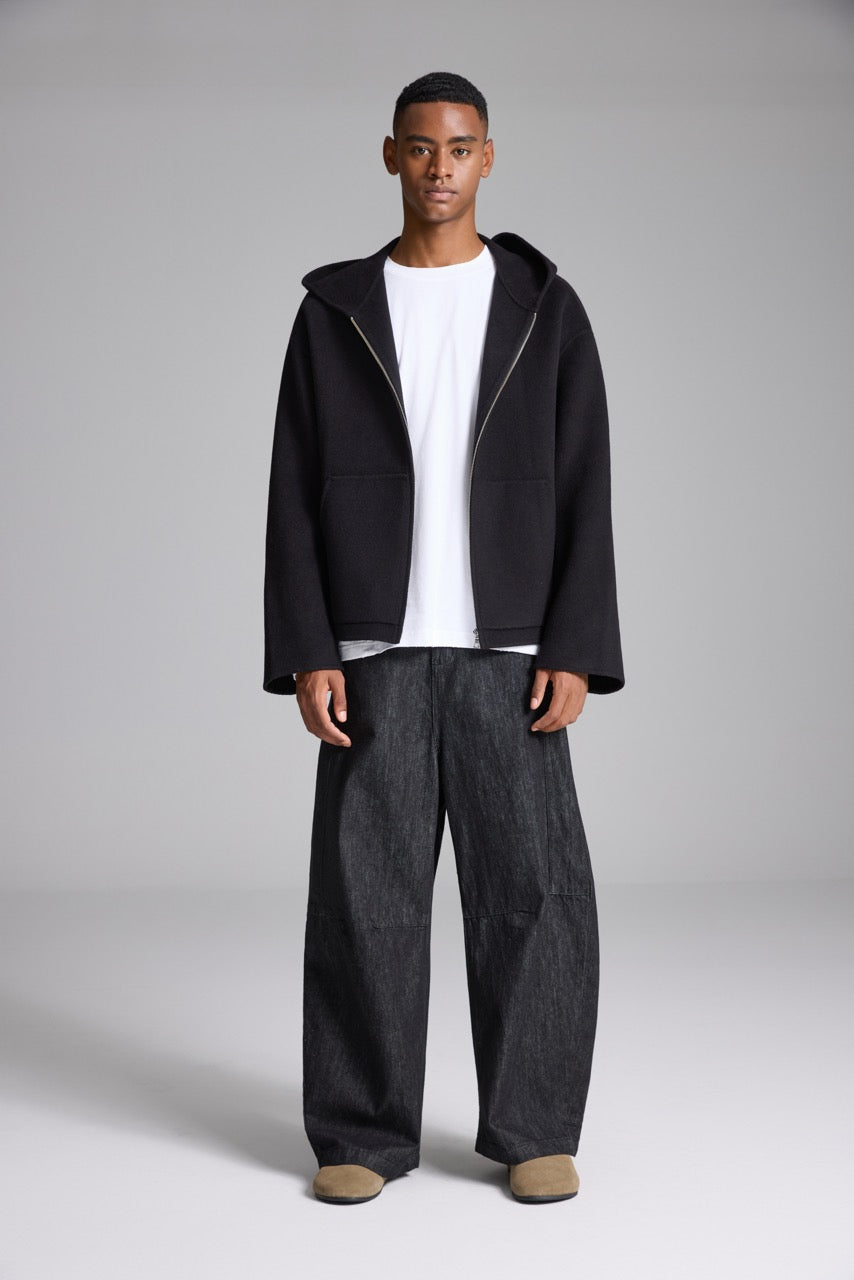 Men's black hooded jacket with full zip front and two patch pockets