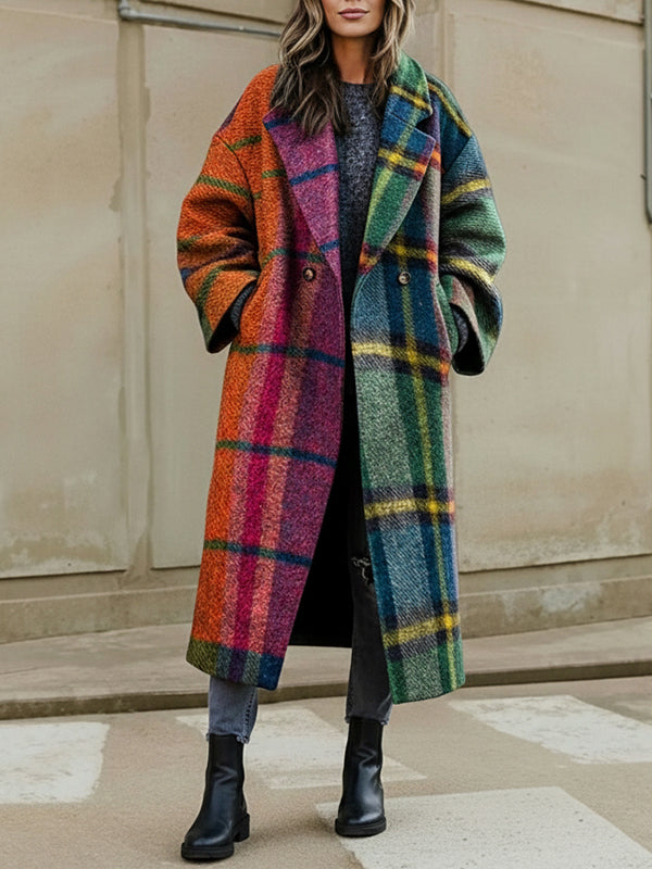 Women's multicoloured checked longline coat with lapel collar and three-quarter sleeves