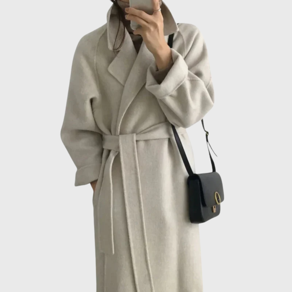 Women's long wrap coat with wide lapels and tie belt