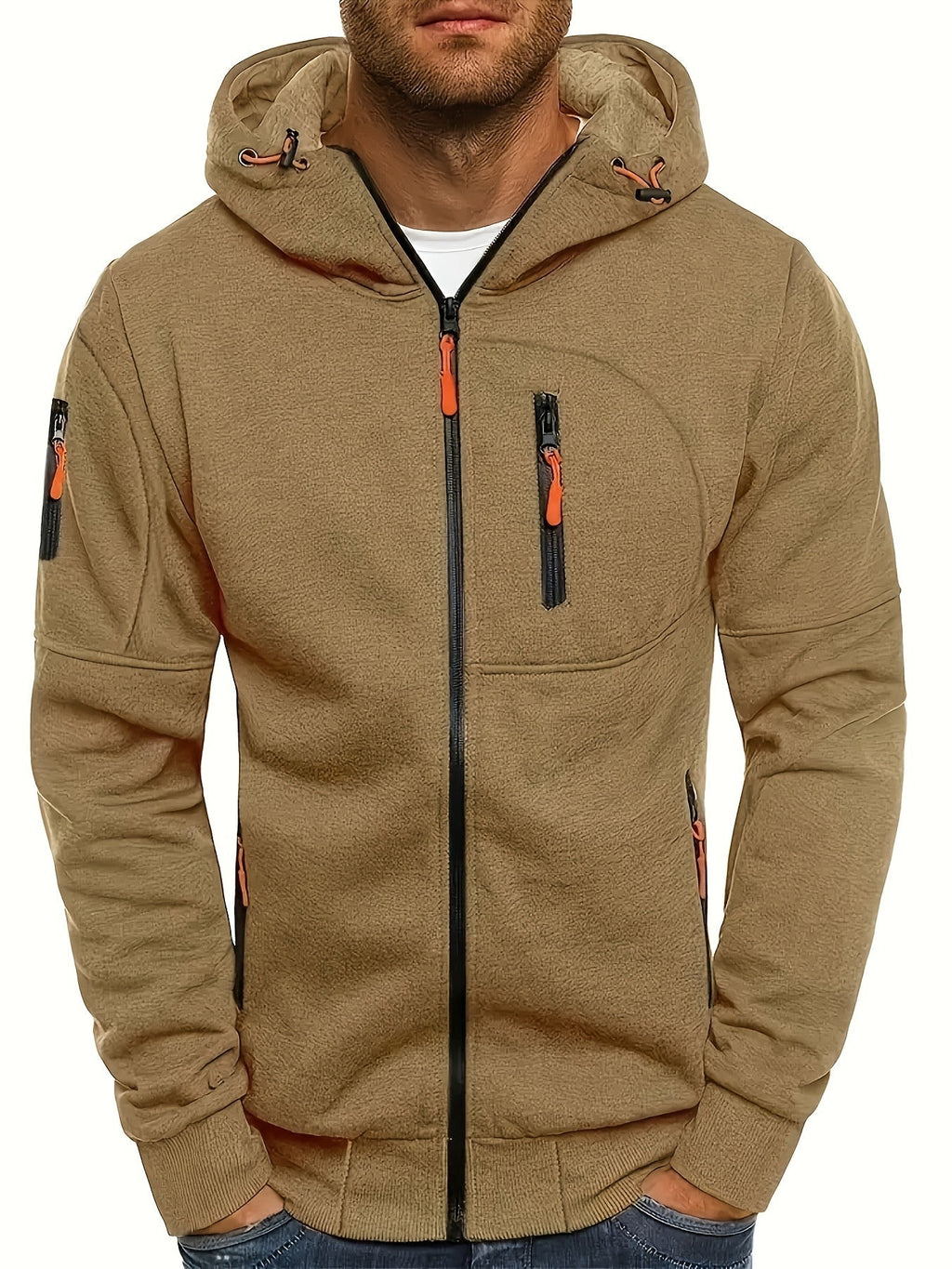 Men's plain hooded jacket with full zip and zipped pockets