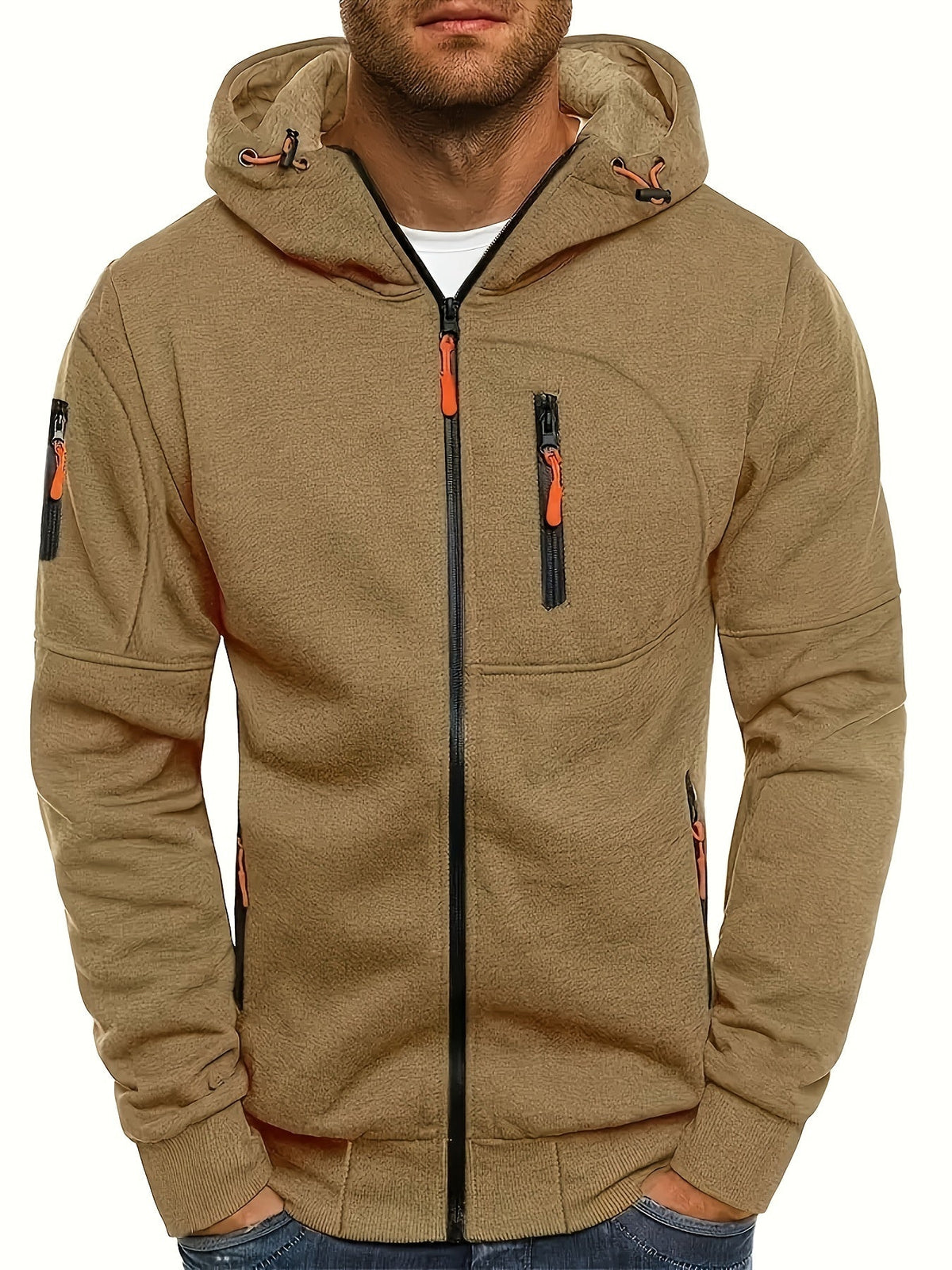 Men's plain hooded jacket with full zip and zipped pockets