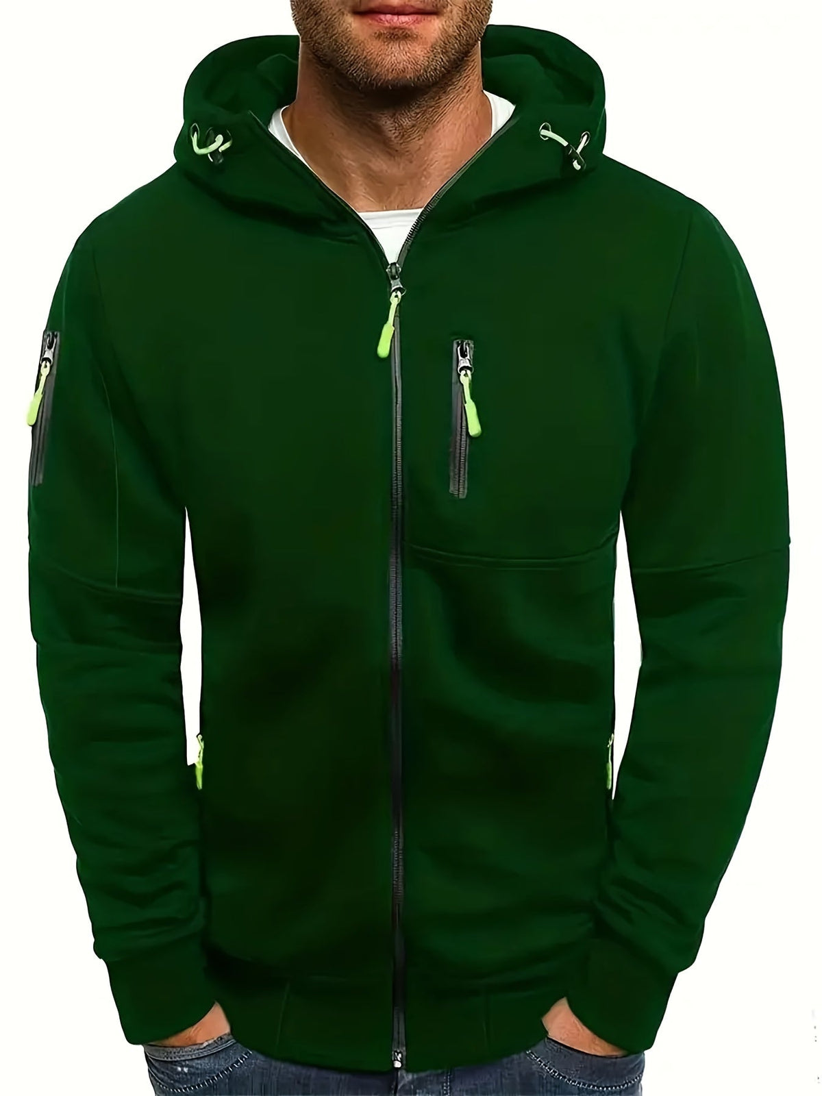 Men's plain hooded jacket with full zip and zipped pockets