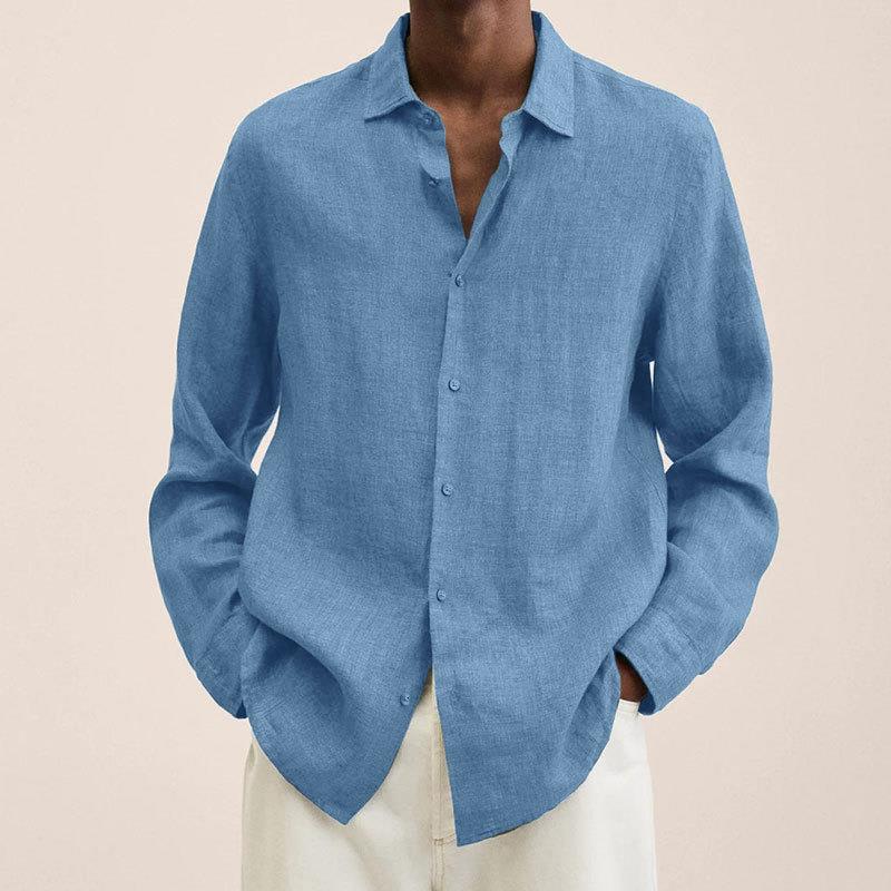 Men's plain long-sleeve collared shirt with button front and curved hem