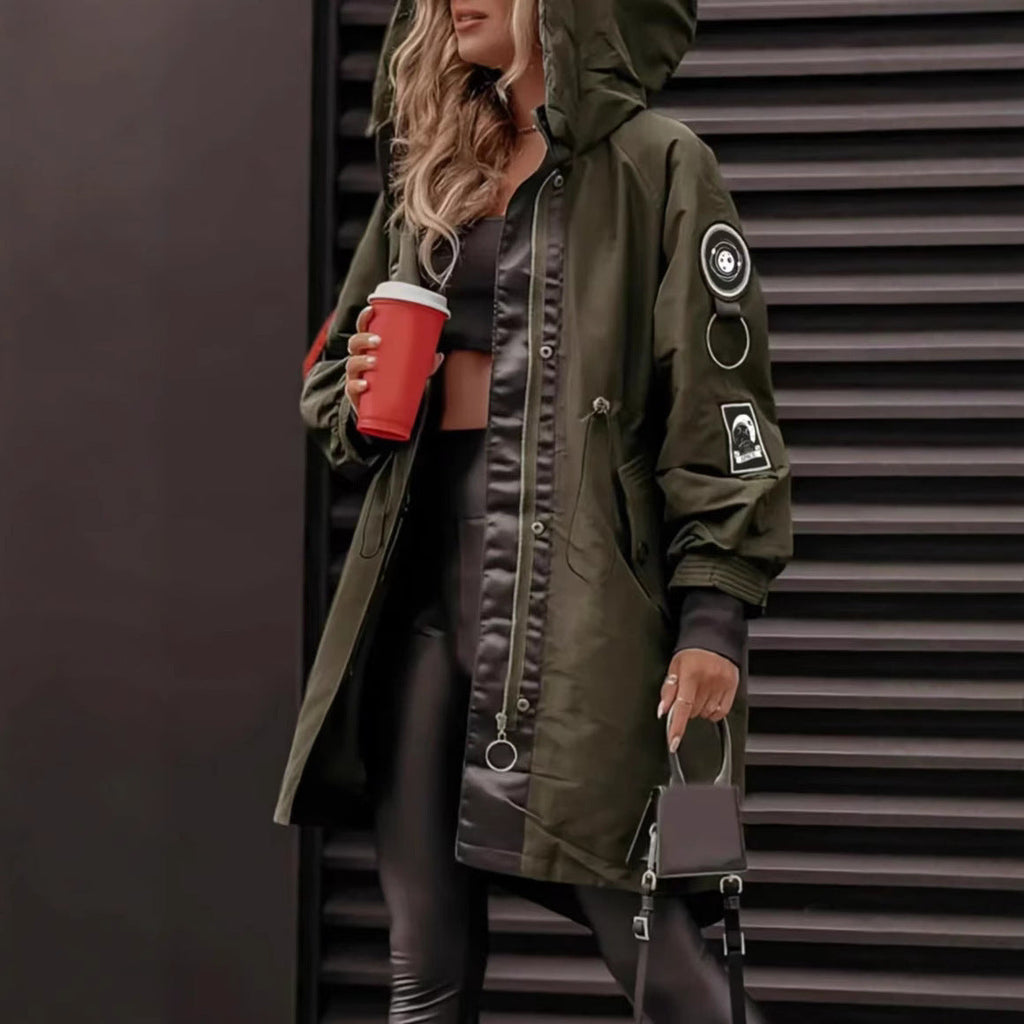 Women's olive green hooded mid-length parka coat with zip front and ribbed cuffs