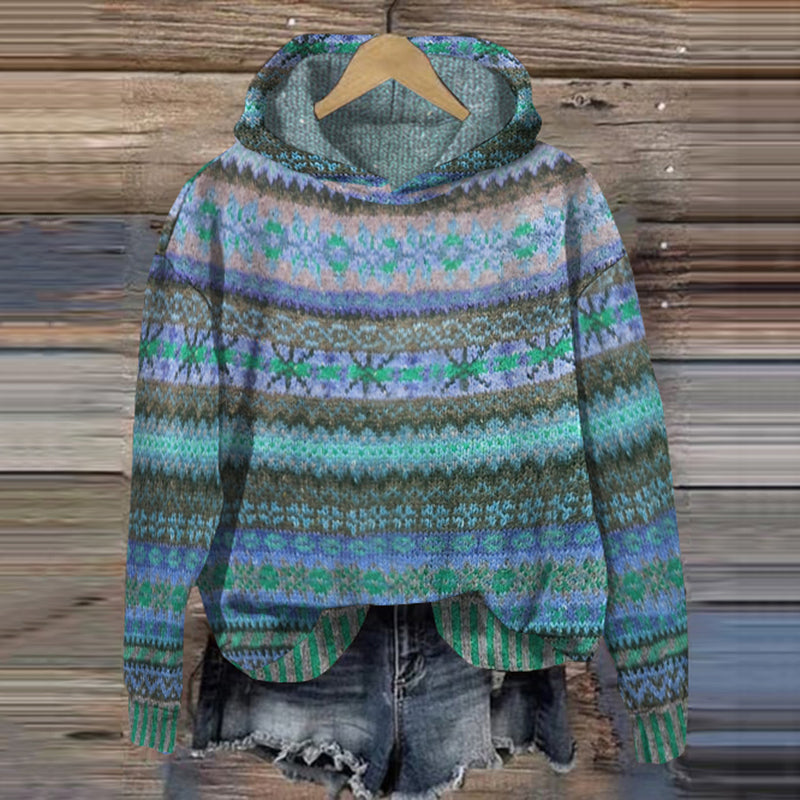 Women's multicoloured patterned hooded jumper with long sleeves and curved hem