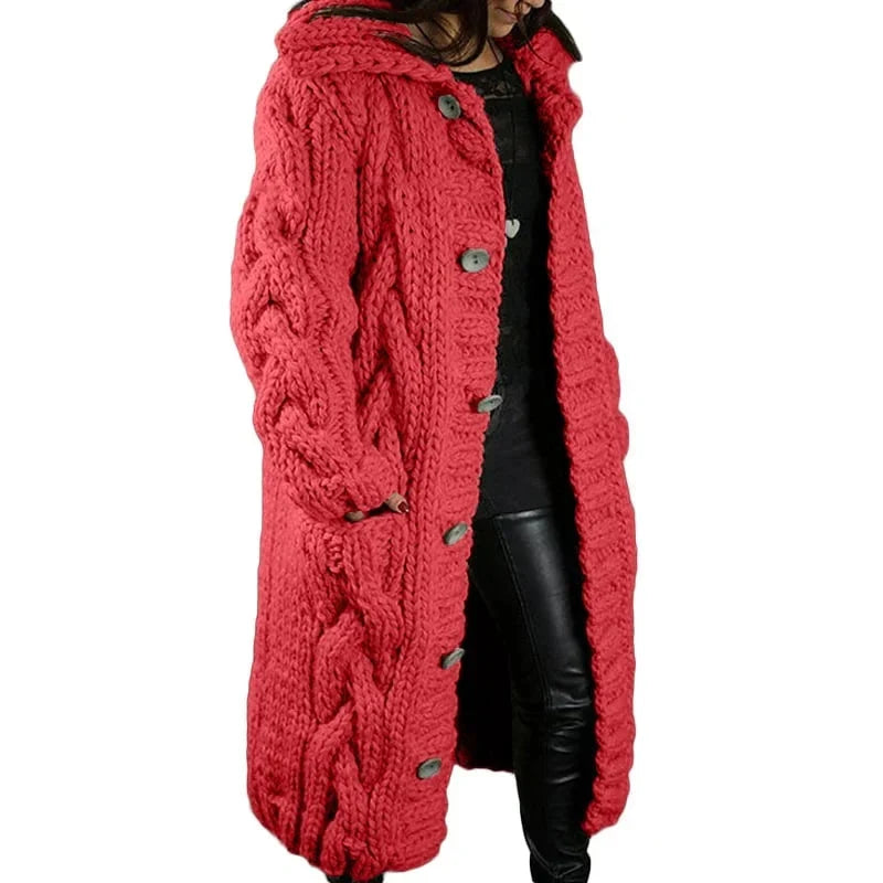 Women's longline cable knit hooded cardigan with button front