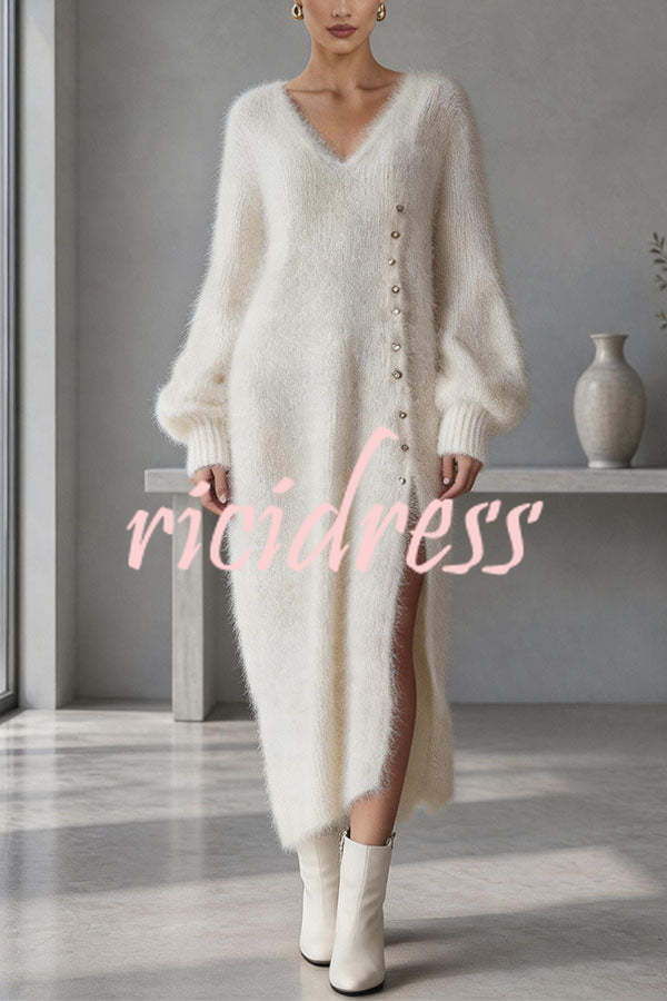 Women's plain knitted midi dress with V-neck, button front and balloon sleeves