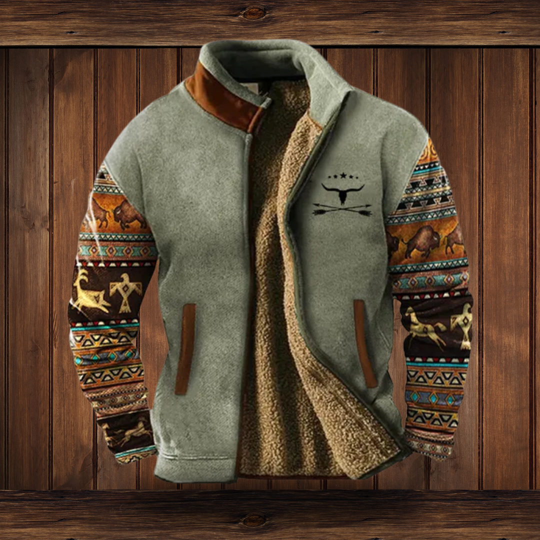 Men's jacket with a stand collar, full zip and patterned long sleeves