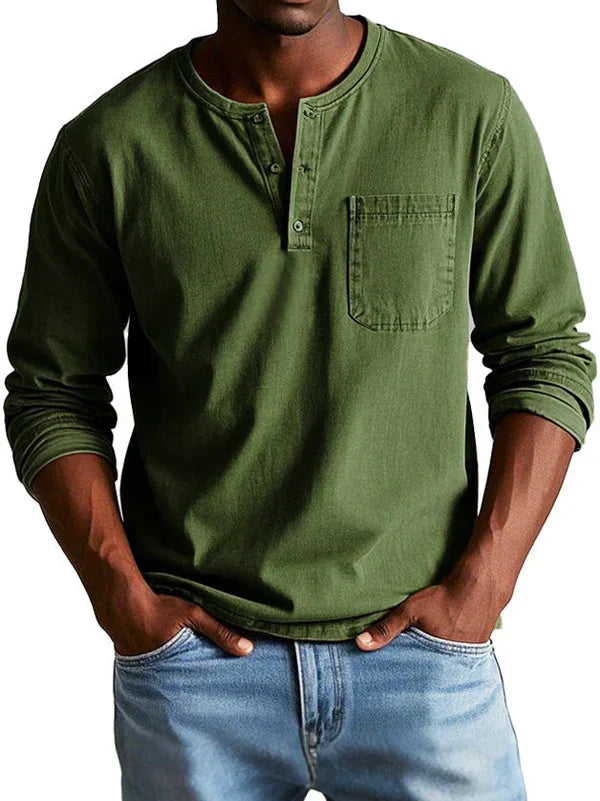 Men's long-sleeve Henley shirt with button placket and chest pocket