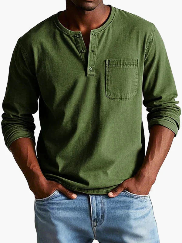 Men's long sleeve Henley shirt with round neck, button placket and chest pocket