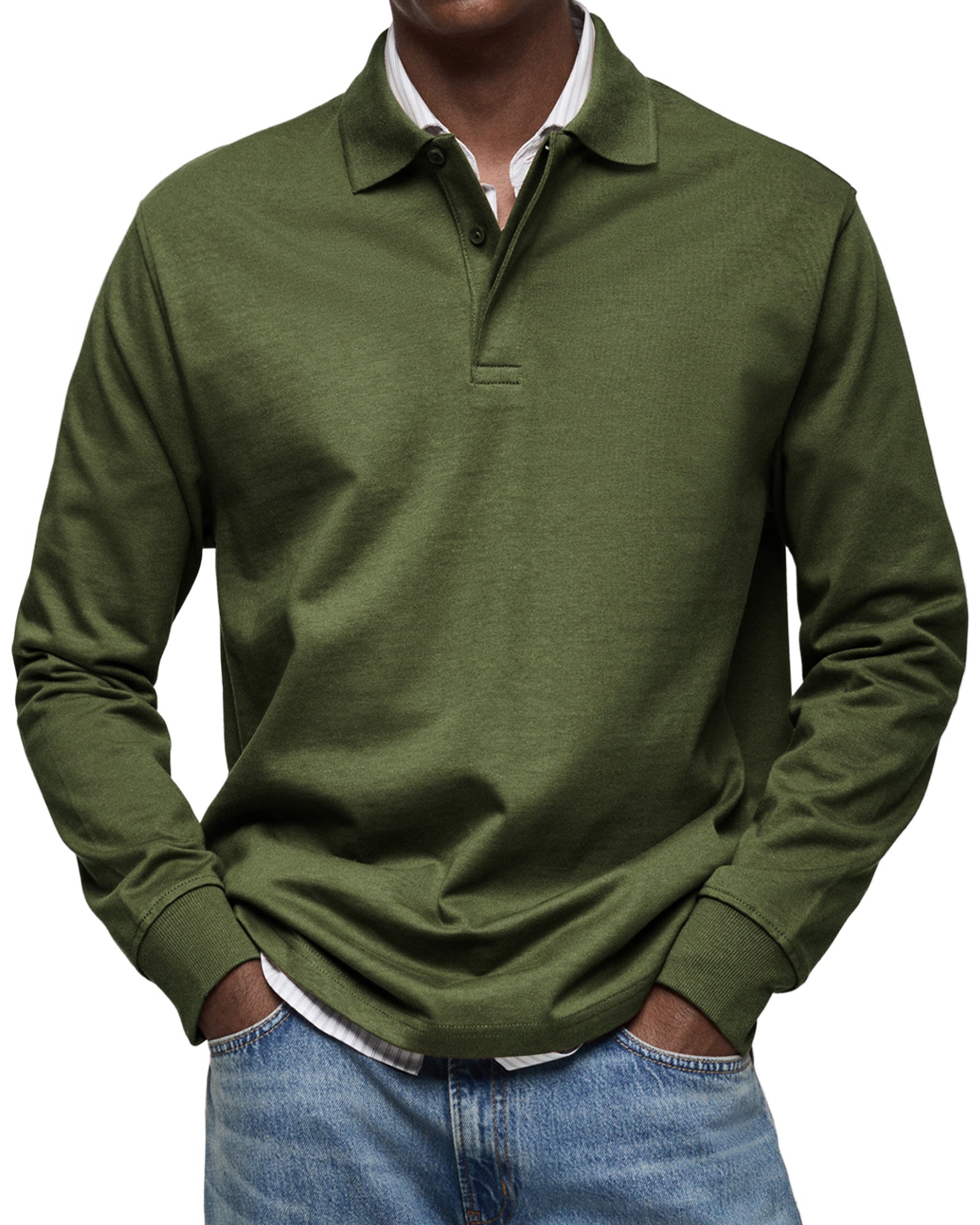 Men's long-sleeve polo jumper with collar, buttons and ribbed cuffs