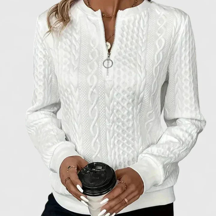 Women's textured cable knit quarter-zip sweater with long sleeves and ribbed trims