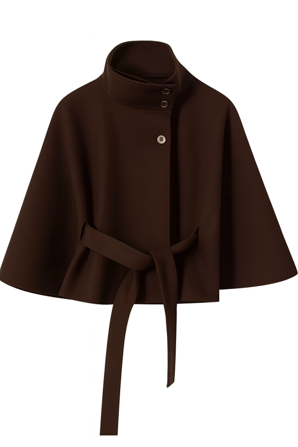 Women's belted cape coat with high collar, buttons and draped sleeves