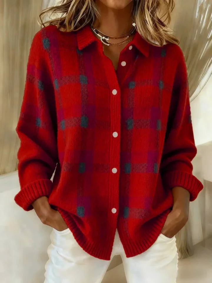 Women's checked knitted cardigan with collar, long sleeves and button front