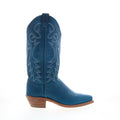 Women's blue western boots with decorative stitched motifs and low stacked heel