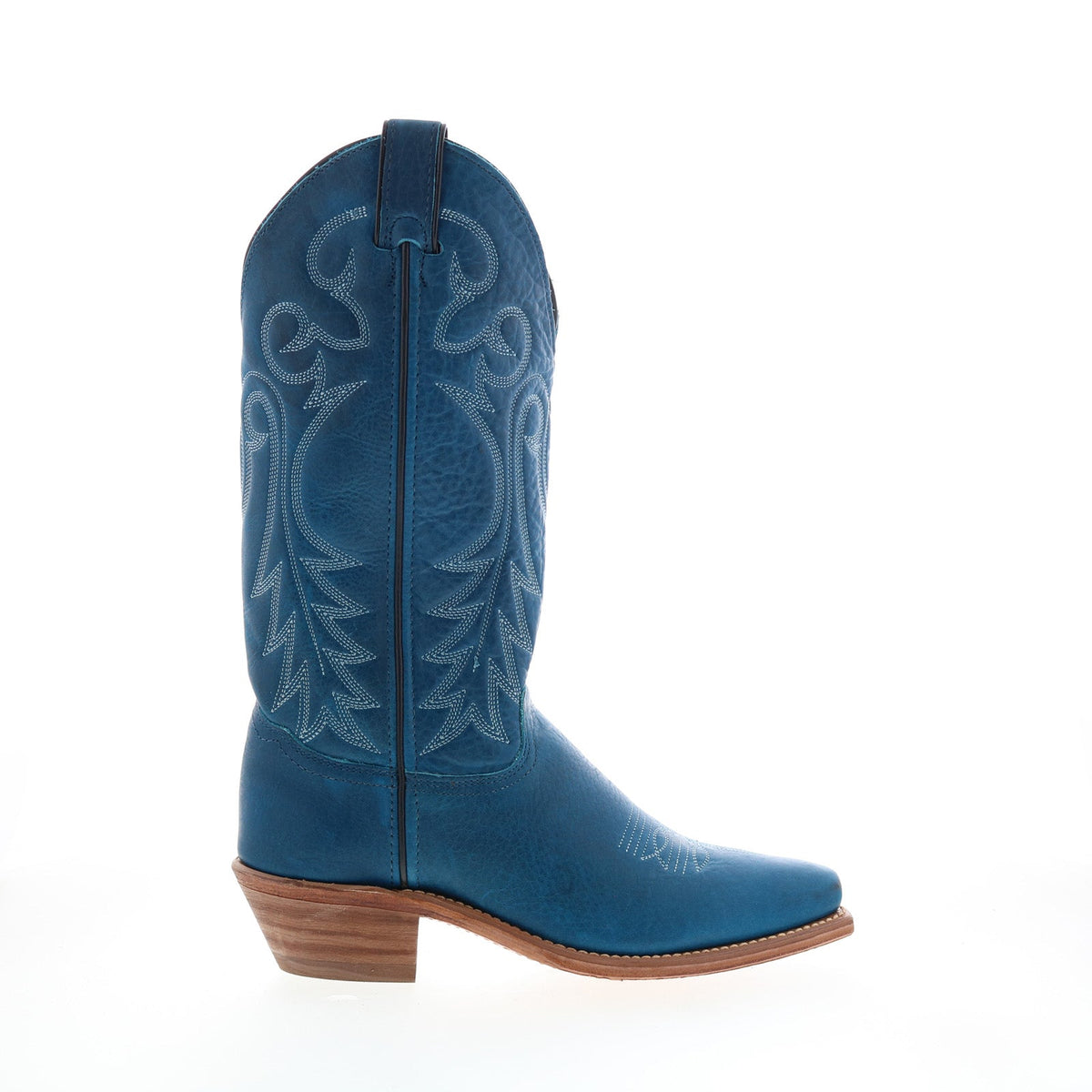 Women's blue western boots with decorative stitched motifs and low stacked heel