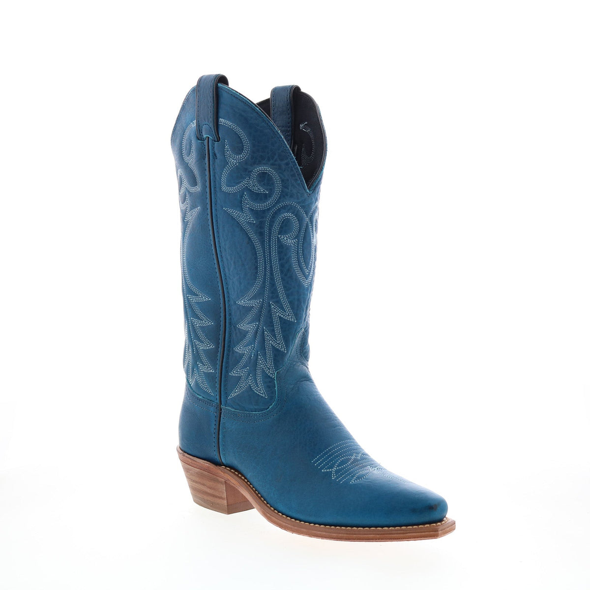 Women's blue western boots with decorative stitched motifs and low stacked heel